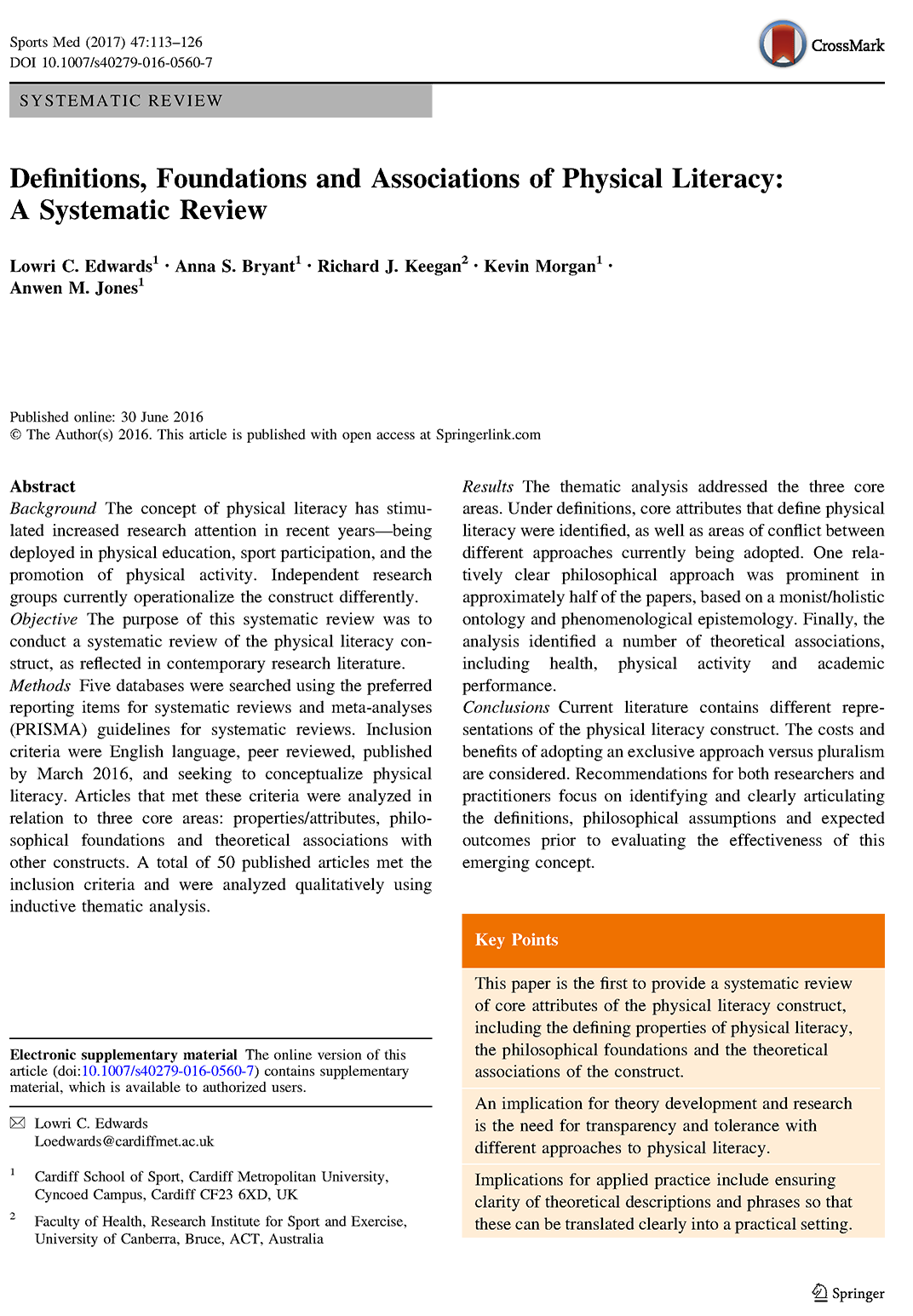 Definitions, Foundations and Associations of Physical Literacy: A Systematic Review