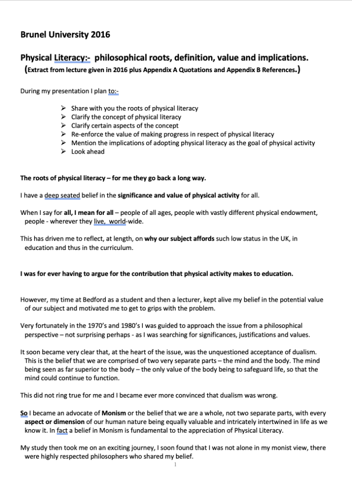 Physical Literacy Philosophical roots, definition, value and